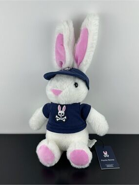 Psycho Bunny Rare White Pink Rabbit with Blue Hat & Shirt 14" Plush NWT